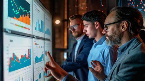 A digital marketing team looking at a large screen displaying performance marketing campaign tracking data.