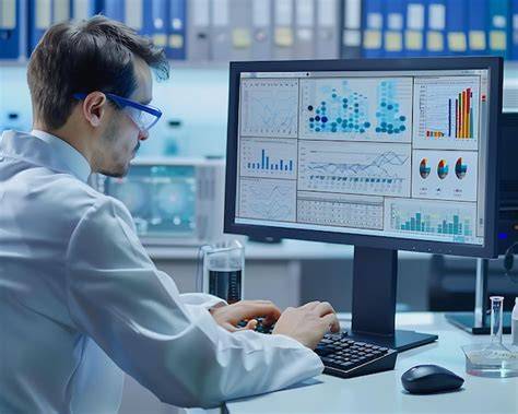 A data scientist analyzing and integrating multiple data sources on a computer screen with graphs and text data.