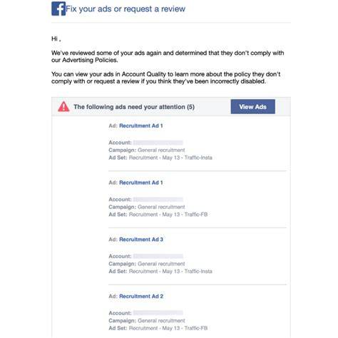 A close-up of a computer screen showing a Meta Ads disapproval notification.