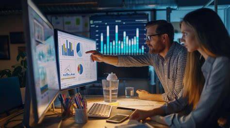 A digital marketing team reviewing online advertising data on screens.