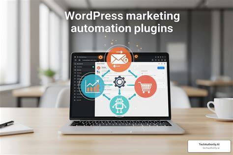 A laptop screen displaying WordPress plugins used for marketing automation in an eCommerce store.