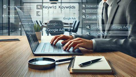 Digital marketer using Google Ads Keyword Planner tool on a laptop to find competitive PPC keywords.