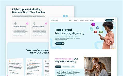 A marketer reviews a digital advertising campaign landing page on a laptop beside an ad draft.