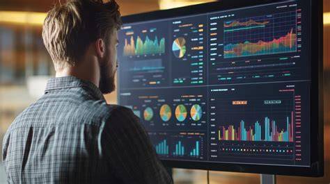 A digital marketing manager reviews real-time conversion data on a digital dashboard display.