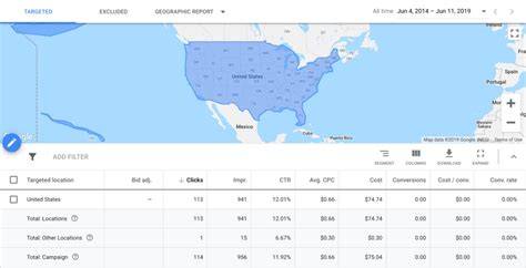 A laptop screen showing a geographic targeting map in Google Ads campaign settings.