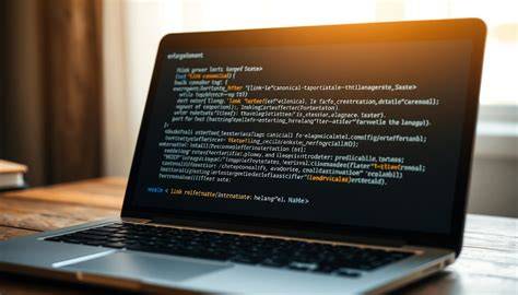 A laptop screen displays HTML code highlighting a canonical tag that points to the main URL without UTM parameters.