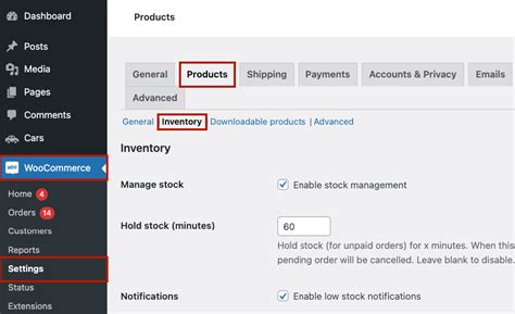 A laptop screen showing WooCommerce inventory settings with stock management enabled.