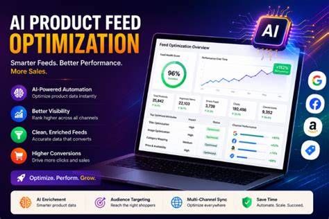 A computer screen showing a Meta product feed optimization tool dashboard automating product updates and syncs.