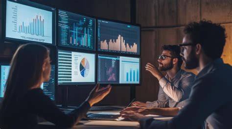 A digital marketer comparing different behavioral signals displayed on multiple monitors.