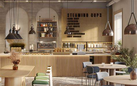 Customers inside a coffee shop interacting with product offerings and price displays.
