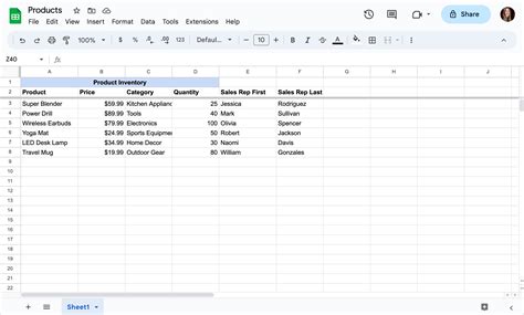 A Google Sheets spreadsheet showing columns like id, title, price filled with product data