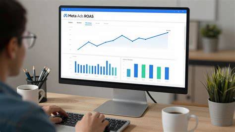 A digital marketer calculating ROAS on a computer screen showing revenue and ad spend.
