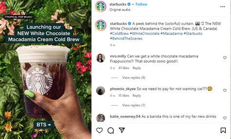 A smartphone screen showing Starbucks social media posts featuring colorful new drinks