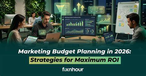A business owner planning the marketing budget with ROAS data displayed on a laptop.