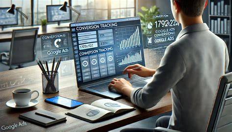 A digital marketer is configuring conversion tracking for Performance Max campaigns on a laptop.