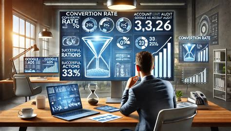 A digital marketer analyzes click-through rate and conversion rate charts on a laptop.